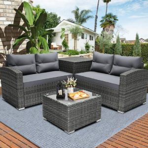 Rattan Patio Sofa Set, 4 Pieces Outdoor Sectional Furniture